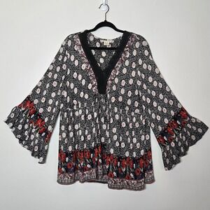 Romantic Gypsy Womens XL Boho Floral Bell Sleeve Lace Trim Babydoll Blouse Black